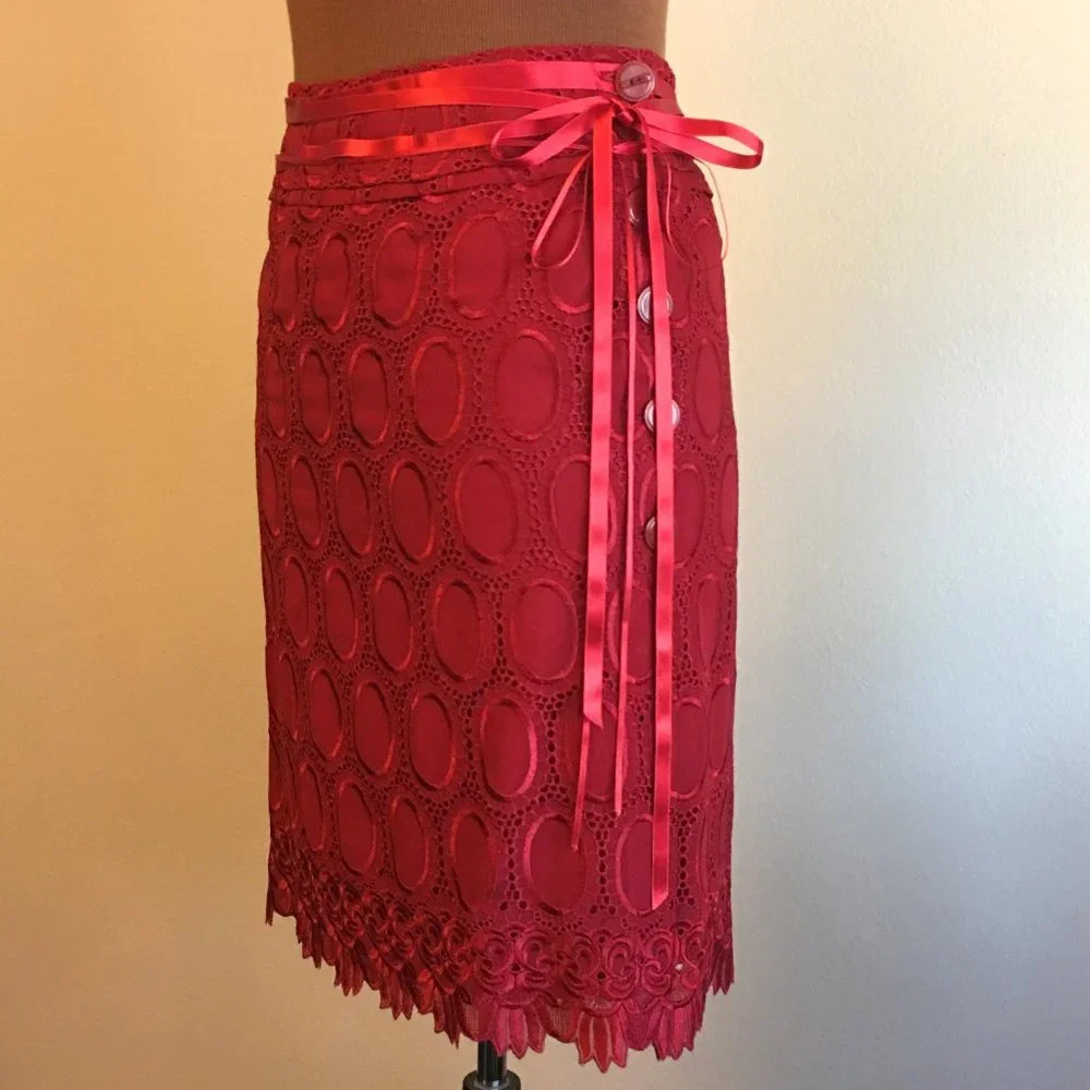 SYLVIA RIELLE Parisian Designer Red Lace Skirt - Picture 2 of 12